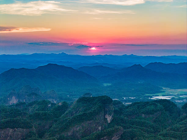 Danxia landform river scenery at sunrise and sunset