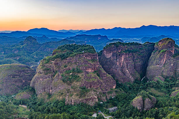Danxia landform river scenery at sunrise and sunset
