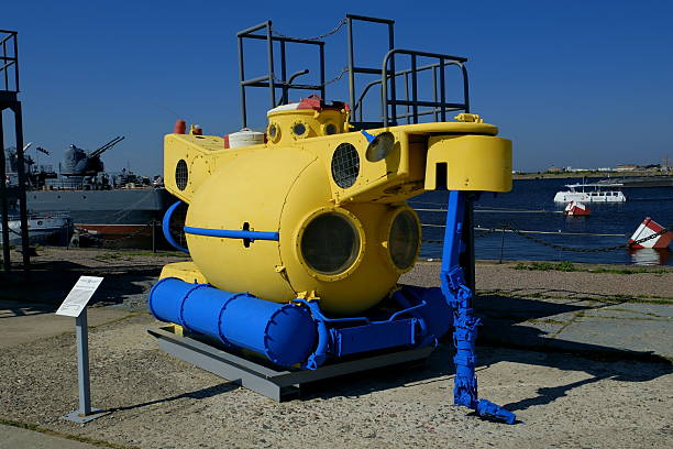 Monaco, Europe - January 2018: Wide angle view of a yellow submersible vehicle outside the Museum of Oceanography