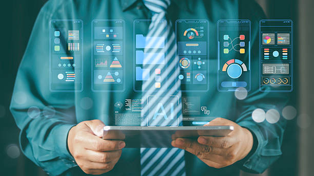 istock Businessman using digital tablet with futuristic AI data analytics dashboard, financial charts, and mobile interface technology for big data analysis and business strategy. 2231432313