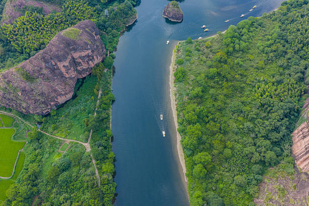 Danxia landform river scenery at sunrise and sunset