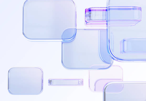 3d holographic glass morphism abstract geometric block pattern. Digital technology background with square and rectangle shapes. Crystal plates with blue purple gradient texture render. 3D illustration