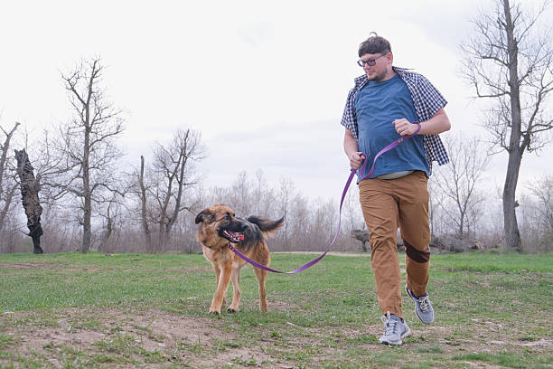 Pet training, pet psychologist. man walking his dog, making a short run in the park