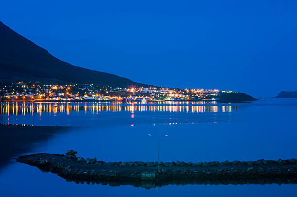 Small town in Eastern Iceland in Nordfjordur fjord, at night