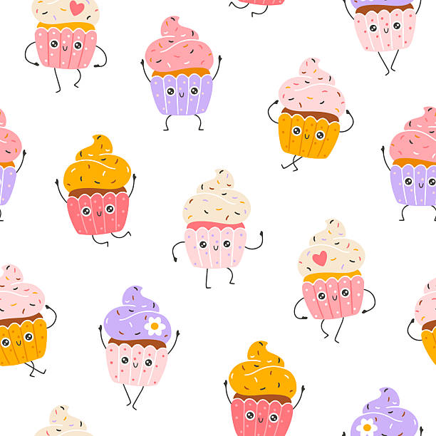 istock Cupcake sweets seamless pattern with funny mascot characters. Kawaii cartoon hand drawn doodle in colorful palette. Ideal for baby design, prints, packaging, textiles. Creative nursery background. 2231451617