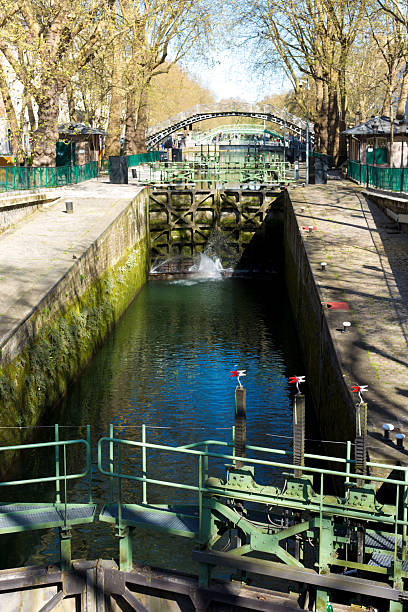 Paris, France: Canal Lock at Canal St Martin, Budding Trees