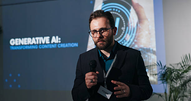 istock Man, presentation and screen at AI convention, mic or info with transformation for content creation. Person, speaker and talk for ethics, generative LLM and futuristic tech at global conference 2231457666