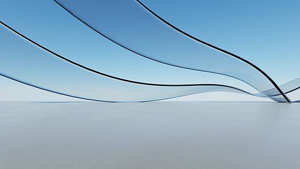 istock 3d illustration of abstract wavy architecture background, Minimal curved geometry architectural design, Car presentation backdrop with empty concrete floor, Flowing geometric glass building design 2231460250