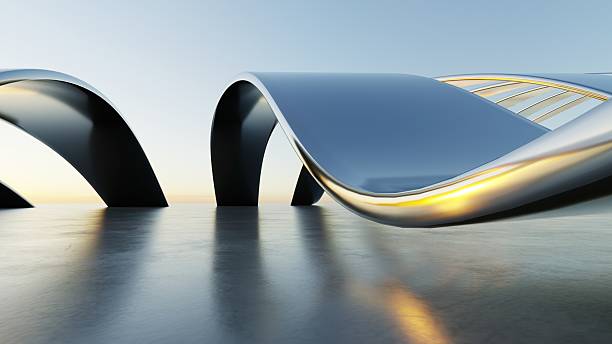 istock 3d illustration of abstract wavy architecture background, Minimal curved geometry architectural design, Car presentation backdrop with empty concrete floor, Flowing geometric glass building design 2231460255
