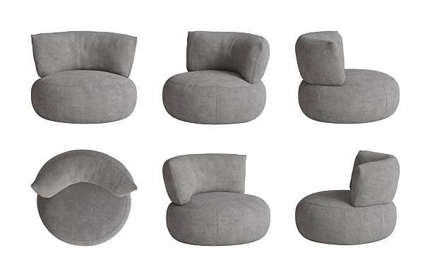 istock Set of six views of a modern white armchair with a simple rectangular shape and a boucle cover isolated in a white background. Front view, side views, top view, and perspectives. 2231464104