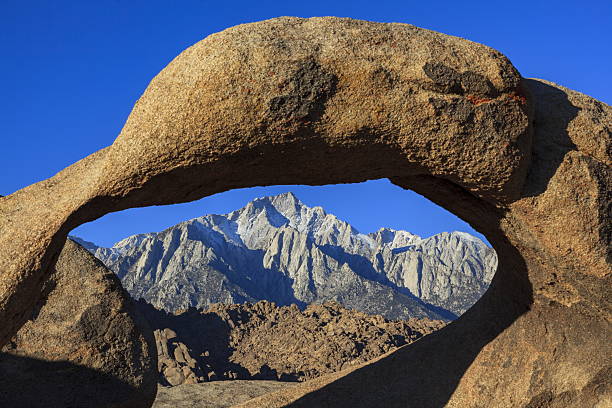 View of Lone Pine Peak framed through Mobius Arch in the Alabama Hills, California.