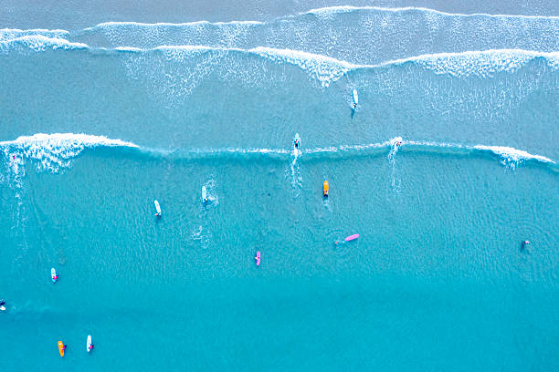 istock Aerial drone view of waves and surfer 2231469649