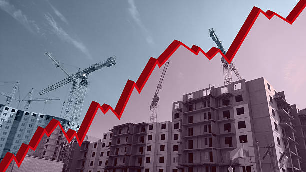 istock Red 3d graph on construction site monochrome background. chart. Interest Rate Increases. Apartment. Industry crisis concept. Inflation. Flat Rising prices. Rental housing market research. statistics 2231476617