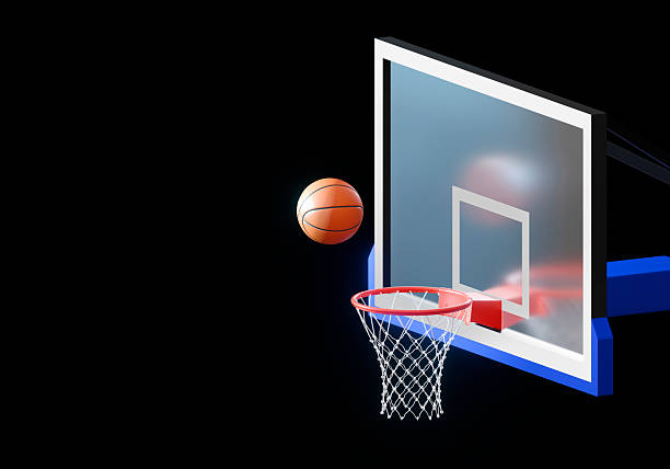 istock Orange basketball floating above the hoop net 2231481463