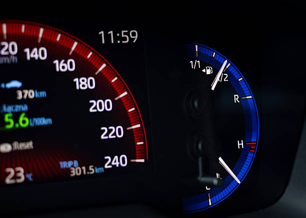 istock Car fuel and engine temperature gauges with speedometer detail 2231485636
