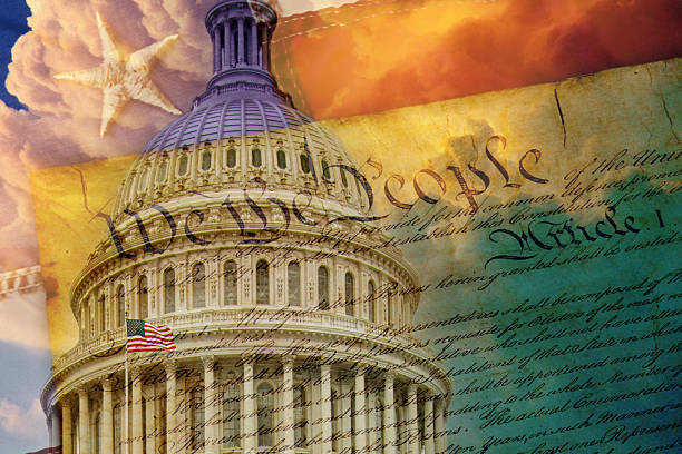 istock Textured composite of US Constitution and capitol dome with American flag 2231487789