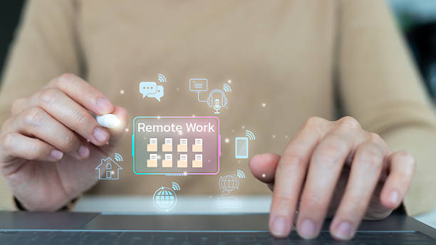 istock Business person using laptop with remote work icons, digital workplace, online communication, and collaboration technology concept for modern work from home and hybrid office. 2231494041