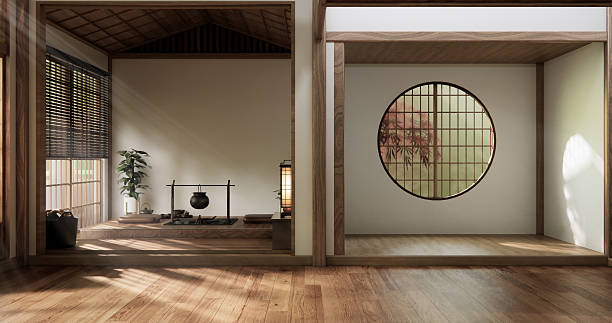 istock Circle window japan style on Empty room minimalist room interior, 3D rendering 2231494949