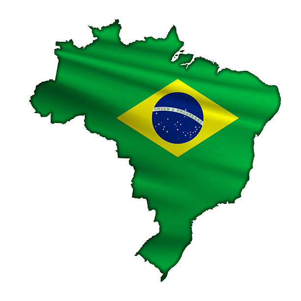 Flag of Brazil waving on pole on the 3d topographic map surface and abstract background with a grid