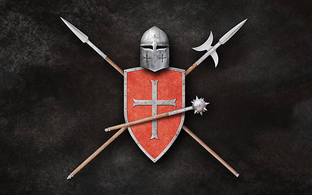 istock helmet shield mace lance and halberd on grunge background 2231507132