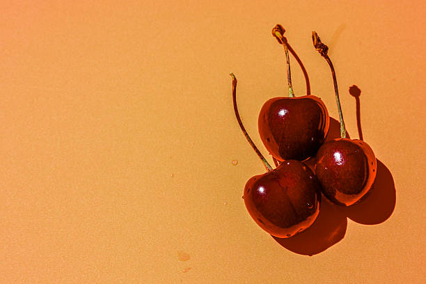 istock Three dark red cherries rest on a peach-colored background, creating a vibrant play of colors and shadows. The shot conveys the freshness of the berries, highlighted by water droplets on their glossy skin, and a minimalist composition. 2231508591