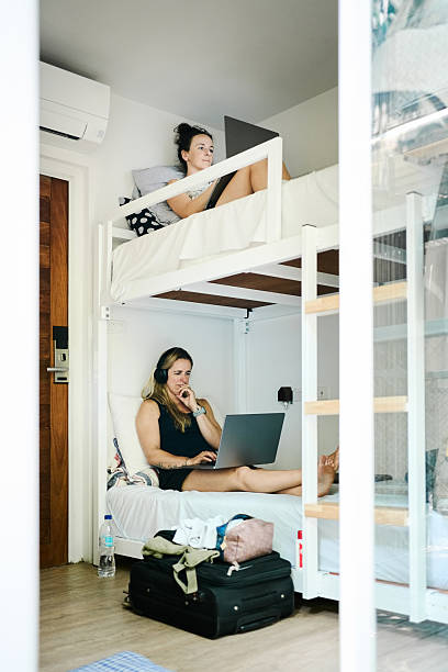 istock Two solo travellers working on laptops in a hostel room during vacation 2231510739