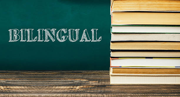 istock Stack of colorful books on wooden table with chalkboard background featuring bilingual text 2231521002