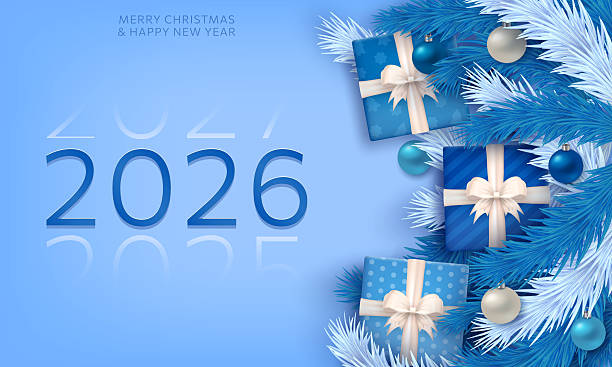 istock New Year greeting card with 2026 countdown and 3d gifts, Xmas tree branches, confetti... 2231522010