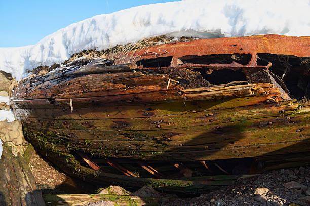An old and decaying shipwreck uncovers natures relentless reclaiming touch through rust, snow, and vibrant greens