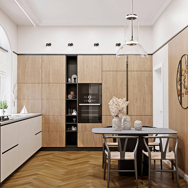 istock 3D rendering of a kitchen interior with a dining table, oven and microwave. 2231537110