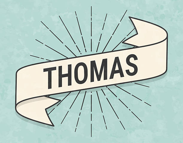 Thomas - Male first name. Banner, ribbon, label in a trendy vintage style. Beautiful retro ribbon with old textured paper and sunbursts in the background. Colors used: green, blue, beige and black. The banner is beige with a black outline, the sunbursts and the text are black. The background is green-blue. Vector Illustration (EPS file, well layered and grouped). Easy to edit, manipulate, resize or colorize. Vector and Jpeg file of different sizes.