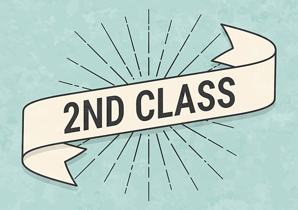 2nd Class. Banner, ribbon, label in a trendy vintage style. Beautiful retro ribbon with old textured paper and sunbursts in the background. Colors used: green, blue, beige and black. The banner is beige with a black outline, the sunbursts and the text are black. The background is green-blue. Vector Illustration (EPS file, well layered and grouped). Easy to edit, manipulate, resize or colorize. Vector and Jpeg file of different sizes.