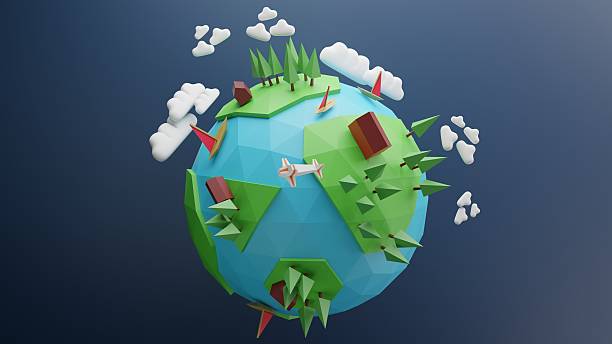 istock 3D Low Poly Earth Model with Trees, Houses, Boats, Airplane and Clouds – Minimal Geometric Globe Concept 2231542876