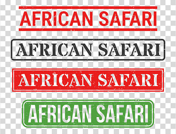 African Safari. Grunge rubber stamps for your own design, isolated on a transparent background. Four trendy stamps with a slight grunge texture, in different styles and ink colors. The first stamp is in red ink with lines above and below the text. The second stamp is in black ink with the text framed. The third stamp is in red ink with the text transparent. The fourth stamp is in green ink with the text transparent. Vector Illustration (EPS file, well layered and grouped). Easy to edit, manipulate, resize or colorize. Vector and Jpeg file of different sizes.