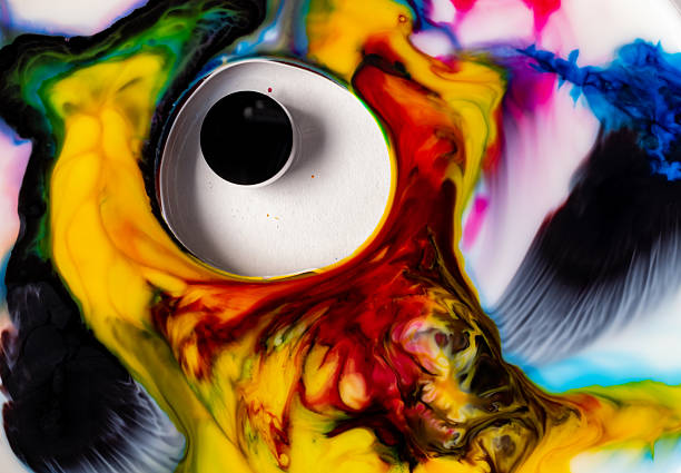 Abstract close-up of colorful swirling paint with a googly eye.