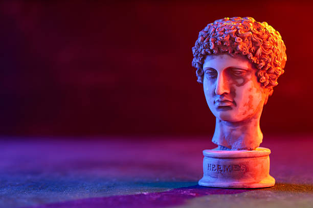 Hermes Sculpture Head with Neon Lighting on Dark Background