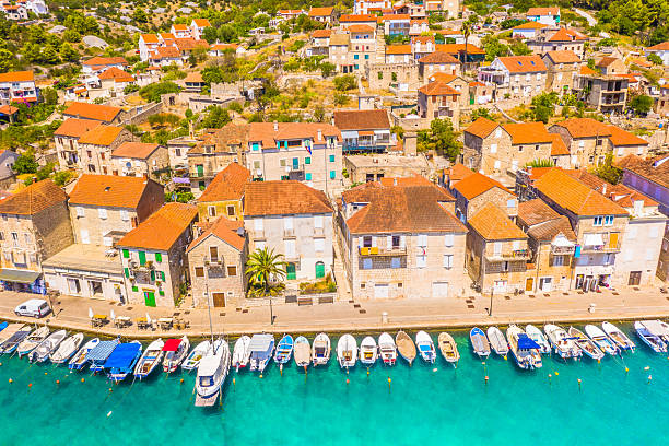 Top down aerial view of Milna waterfront on Brac Island