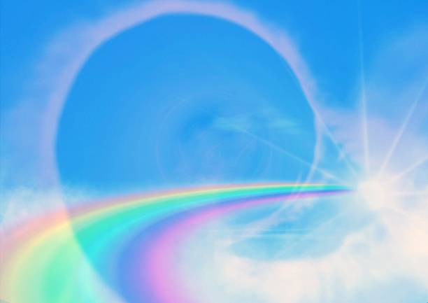 istock 3d illustration of blue sky, abstract rainbow and sun 2231578097