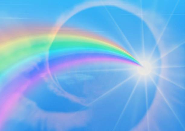 istock 3d illustration of blue sky, abstract rainbow and sun 2231578099