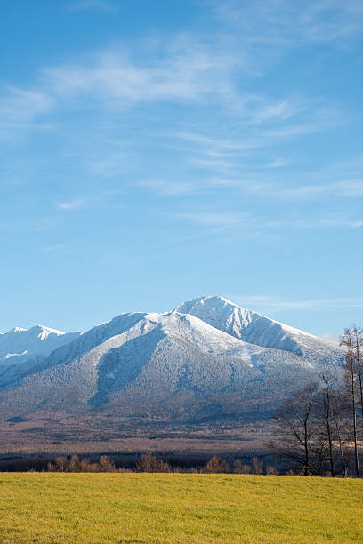 Late autumn green fields and snow-capped mountains. Tokachidake mountain range