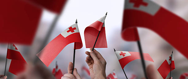 istock Tonga flags in their hands on a blurred urban background 2231587890