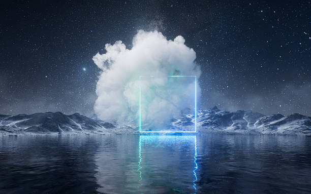 istock Glowing neon lines and smoke over the lake, 3d rendering. 2231589907