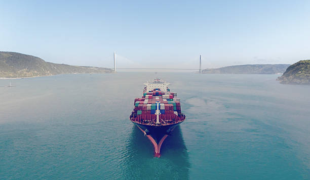 istock Aerial view of Cargo Container ship passing under Bridge. 2231594883