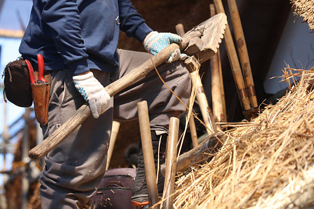 istock A craftsman aligning the thatched roof 2231600260