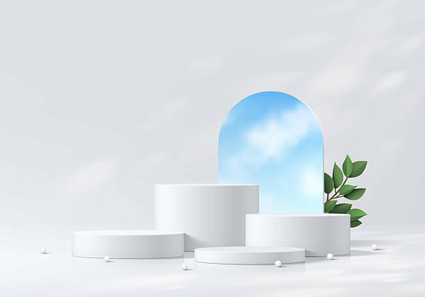 istock 3d White cylindrical podium background with blue sky in mirror glass, Green leaf. Minimalist mockup pedestal. Abstract stands product display presentation, Stage for showcase. Platforms vector design. 2231601301