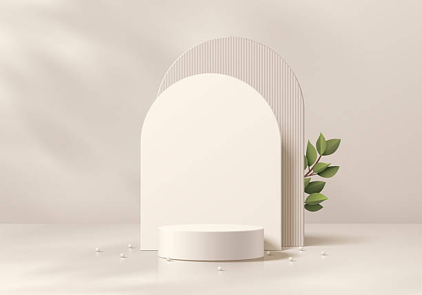 istock 3D Beige cylindrical podium background with layers of arch backdrop, Green leaf. Minimalist mockup pedestal. Abstract stands product display presentation, Stage for showcase. Platforms vector design. 2231601305