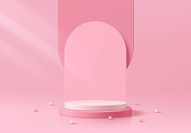 istock 3D pink, white cylindrical podium background with overlap of arch backdrop scene. Minimalist mockup pedestal. Abstract stands product display presentation, Stage for showcase. Platforms vector design. 2231601493