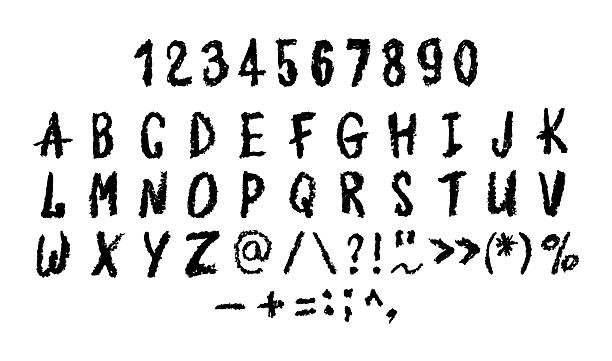 istock English alphabet and numbers 0-9, hand-drawn in a white wax crayon or chalk style on a board. Highlighter effect, perfect for kindergarten drawing, learning, and creative design. Vector illustration 2231602451