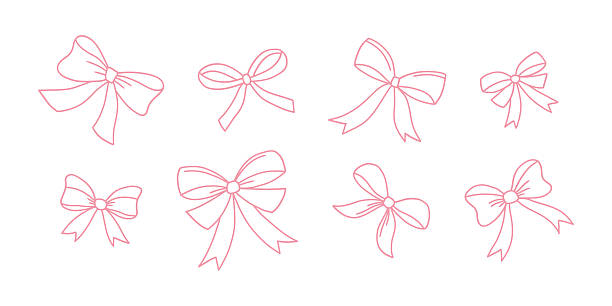 Different hand-drawn pink outline bows set on white background. Cute and simple doodle bows with ribbons set. Different hand-drawn pink outline bows set on white background. Cute and simple decorative vector elements for gifts and design projects. Doodle bows with ribbons set. hair bow stock illustrations