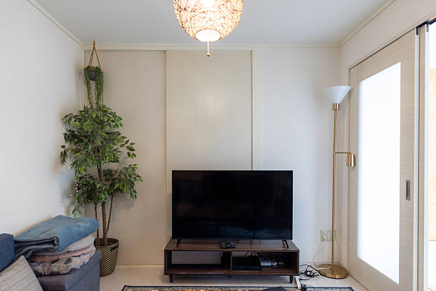 Monochrome living room with wood and grey tiling accents